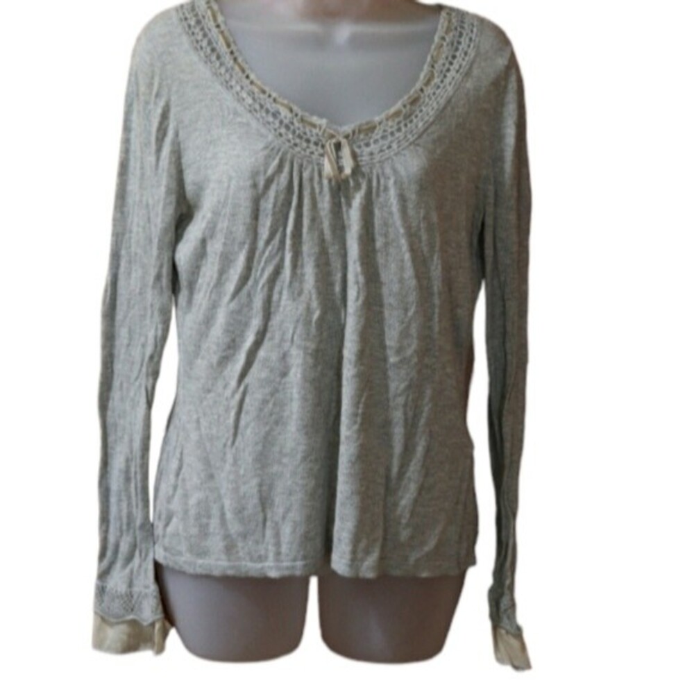 August Silk Gray Wool Silk Velour Ribbon Lace Top LG
